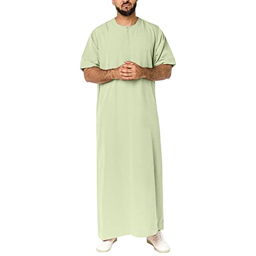 Men's Short Sleeve Robe Muslim Prayer Dress Kaftan Gown Thobe Long Shirt Middle East Islamic Clothing (Color : Green, Size : Small) - color: Green, size: Small