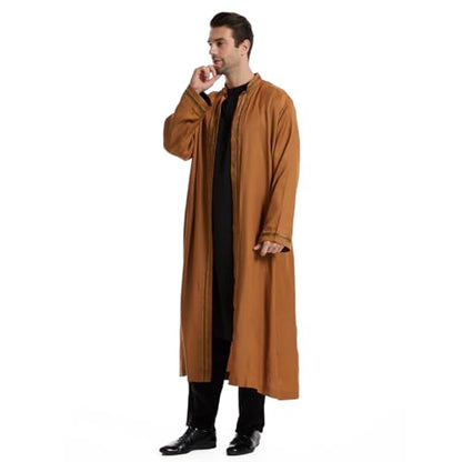 Qianliniuinc Thobe for Men Abaya Islamic Clothing - Muslim Kaftan Dubai Arabic Robe Loose Fit Casual Prayer Wear - color: Camel, size: Small