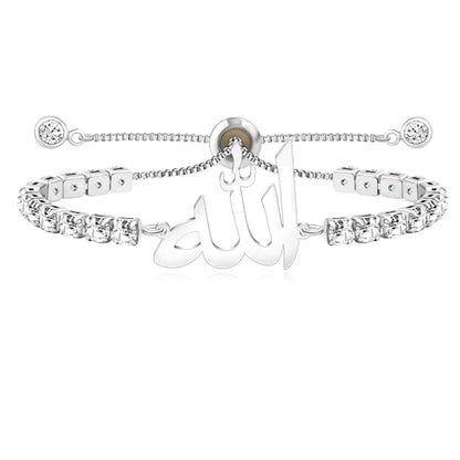 Allah Bracelet for Men and Women, Zircon Tennis Chain Adjustable Low Sensitivity Islamic True God Jewelry for Husband Wife Mom Dad's Religious Belief Gift - color: white