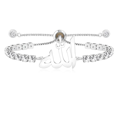 Allah Bracelet for Men and Women, Zircon Tennis Chain Adjustable Low Sensitivity Islamic True God Jewelry for Husband Wife Mom Dad's Religious Belief Gift - color: white