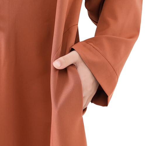 Boys Arabic Thobe Solid Long Sleeve Muslim Kaftan Robe Kids Boys Crew Collar Button Islamic Thobe Ramadan Eid Outfit - color: Brown, size: 13-14 Years