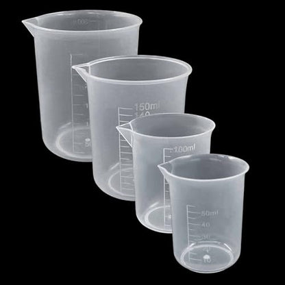 Waziaqoc 4 Pack Plastic Graduated Beaker, 50ml/100ml/150ml/300ml | Transparent PP, Measuring Cup, Mixing Cup, Kitchen Lab