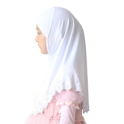 Girls Hijab with Rhinestones – Sparkly Non-Slip Amira Scarf for Kids, for Daily Prayer, School, Ramadan & Eid (Ages 4-12) - color: White