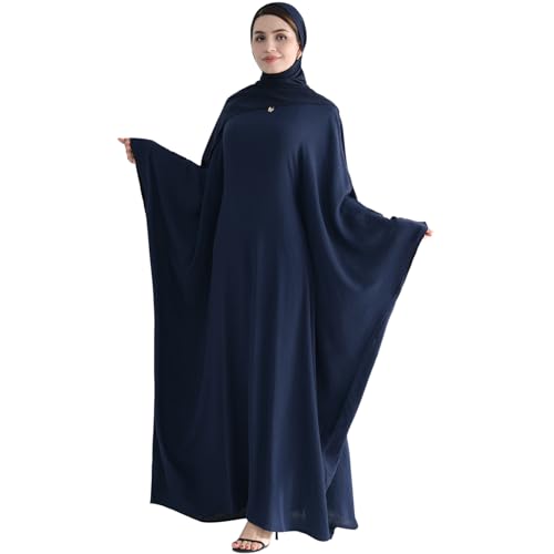 Muslim Abaya Dress Women Middle East Arabian Prayer Robe Batwing Maxi Kaftan Abaya Dress with Hijab - color: Navy