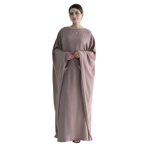 Abaya Muslim Women Dress Batwing Sleeve Loose Maxi Modest Islamic Clothes Prayer Dress with Hijab Scarf - color: Gray Lilac