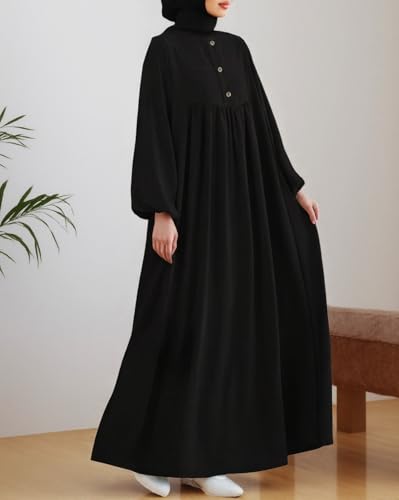 Womens Abaya Muslim Prayer 2 Pockets Long Sleeve Front Button Maxi Dresses Casual Islamic Clothes - color: Black, size: 3X-Large