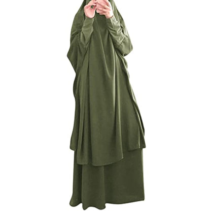 Prayer Clothes for Muslim Women Islamic Abaya Suit Maxi Skirt + Khimar Hijab 2pcss Burka Jilbab Kaftan - color: Army Green