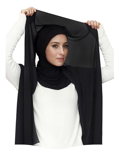 Lina & Lily Flowy Chiffon Instant Hijab Scarf Attached Jersey Ninja Undercap Full Coverage for Muslim Women - color: Black