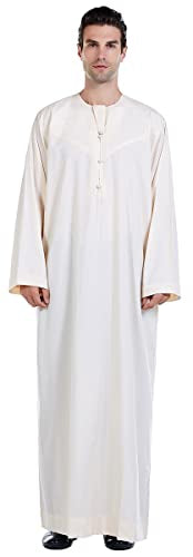 New Solid Color Robe Kaftan Muslim Clothes for Men, Thobe Long Gown Saudi Arabia Dubai Shirt - color: Beige, size: Small