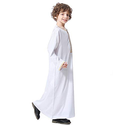 XINNI Arabic Thobe Muslim Thobe Long Sleeve Kaftan Crew Collar Robe with Zipper for Boy - color: White, size: 13-14 Years