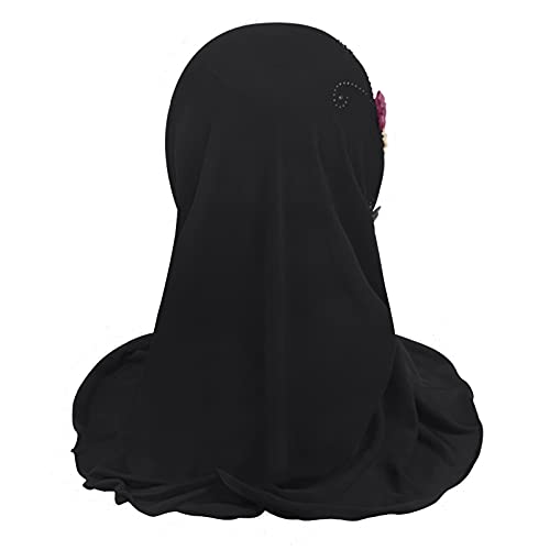 Girls Ice Silk Muslim Khimar Hijab Headscarf Flower Arab Scarf Shawls Neck Wrap Islamic Head Wrap for Age 2-7 Years - color: Style 3-black