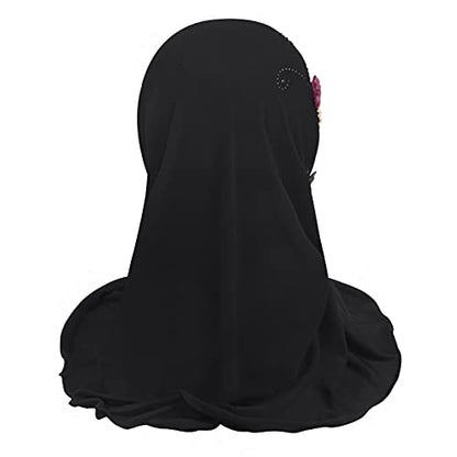 Girls Ice Silk Muslim Khimar Hijab Headscarf Flower Arab Scarf Shawls Neck Wrap Islamic Head Wrap for Age 2-7 Years - color: Style 3-black