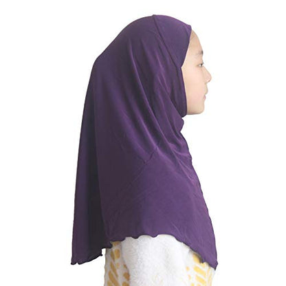 Girls Hijab Muslim Scarf for Kids – Ready to Wear, Solid Color, Soft & Breathable Daily Headwear for Ages 6-11 - color: Purple