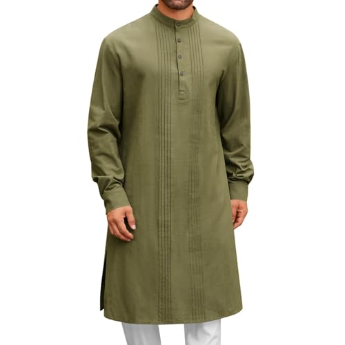 Mens Kaftan Thobe Button Down Cotton Linen Robe Muslim Casual Long Sleeve Gown Lightweight Breathable Kurta Caftan - color: A-green, size: Small