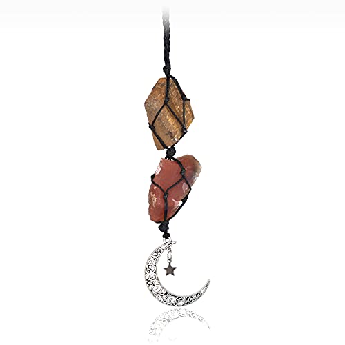BOHO GARDEN Hanging Car Charm - Tiger's Eye & Carnelian - Dangling Moon, Healing Crystal Accessories, Rearview Mirror Decorations - Courage, Harmony, Resilience, Transformation, Joy of Life, Energy - color: Tiger's Eye-carnelian