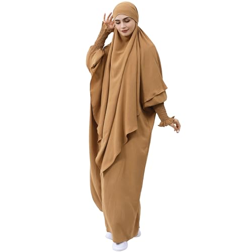 khalat Womens Muslim Prayer Dress Front Zipper Kaftan Islamic Robe Modest Solid Abayas for Women Muslim - color: Khaki+hijab
