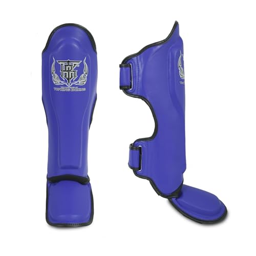 Top King New Pro Leather Shin Guards for Muay Thai - color: Blue-Black, size: Medium