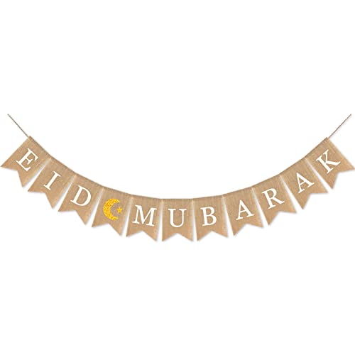 Jute Burlap Eid Mubarak Banner,Muslim Party Supplies for Home Decor Mantel Fireplace,Moon and Star Ramadan Home Mantel Fireplace Decoration (1 piece) - color: 1 piece