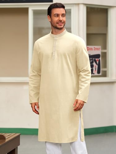 Runcati Mens Cotton Kaftan Robe Long Sleeve Button Down Henley Shirts Thobe Casual Side Split Gown Shirt - color: Beige, size: XX-Large