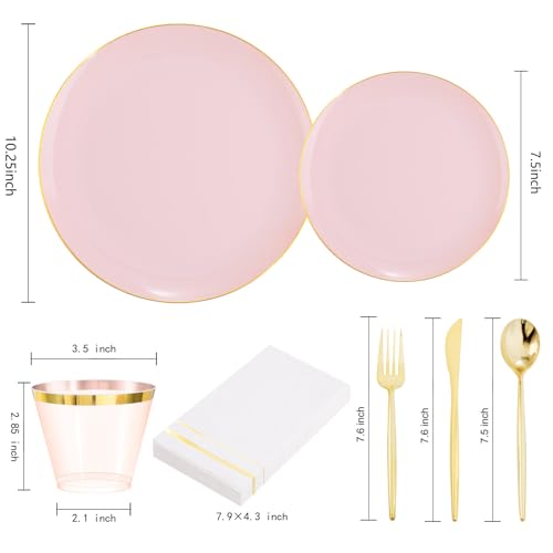 MirthMood 210PCS Pink Plastic Plates with Gold Rim – Plastic Plates Set Includes 30 Dinner,30 Dessert Plate,30 Cup&30 Napkins 90 Gold Silverware for Wedding & Birthday & Party - color: Pink, size: 210