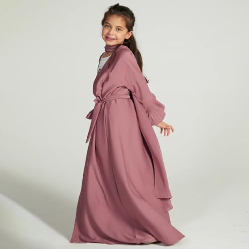 Kids Girls Muslim Abaya Long Sleeve Snap Front Maxi Dress with Belt Robe Kimono Dubai Hijab Dress - color: Dark Pink B, size: 5-6 Years