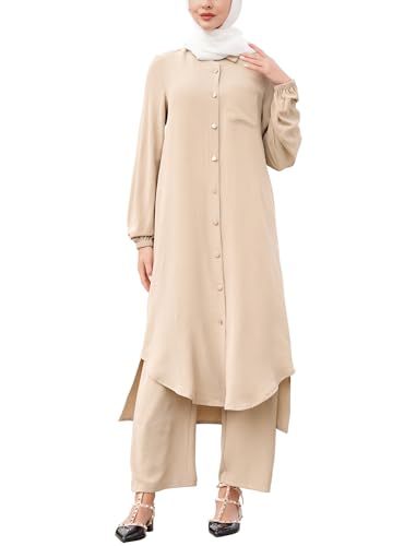 ODIZLI Women's Muslim 2 Pieces Sets Long Sleeve Button Down Shirt and Pants Abaya Casual Dress Dubai Outfits - color: Champagne, size: 3X-Large