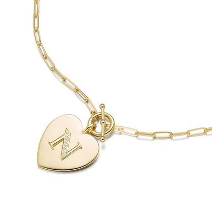 14K Gold Filled Heart Initial Necklace for Women, Dainty Alphabet Pendant Necklace with Paperclip Chain, Hypoallergenic Jewelry Gift for Her - color: Letter N