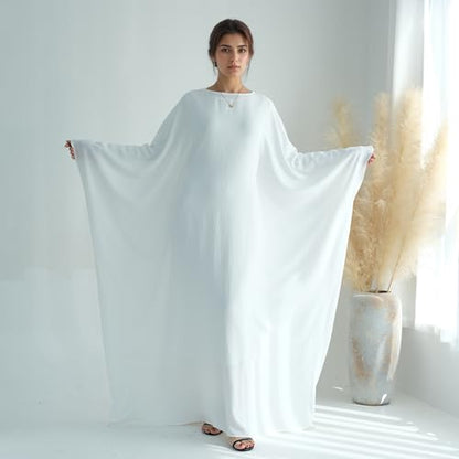 Abaya Dress for Women Soft Crepe Like Linen Khimar Butterfly Batwing Dubai Islam Muslim Kaftan Modest Prayer Dress - color: White, size: Large