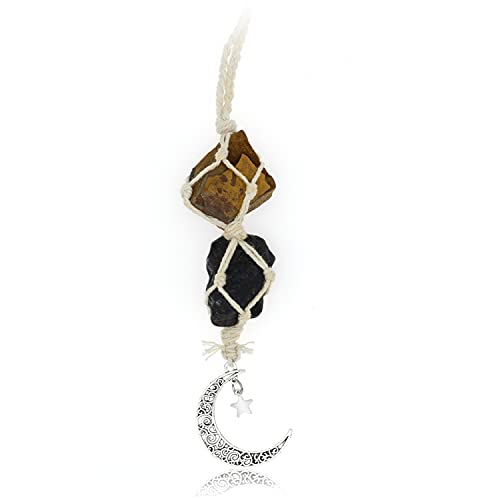 BOHO GARDEN Hanging Car Charm - Tiger Eye & Black Tourmaline - Dangling Moon, Healing Crystal Accessories, Rearview Mirror Decorations - Grounding, Confidence, Protection, Courage, Resilience, Energy - color: Tiger's Eye-tourmaline