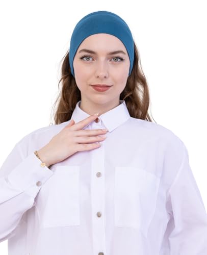 Prien Women Cotton Hijab Cap, Stretchy Head Cover, Pre-Sewn Inner Muslim Scarf Undercap, Non Slip Headband for Daily Wear - color: Turquoise