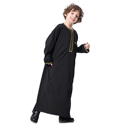 OBEEII Boy's Muslim Arab Solid Color Thobe Long Sleeve Kaftan Embroidered Robe Islamic Arabic Abaya Thobe - color: Black, size: 5-6 Years