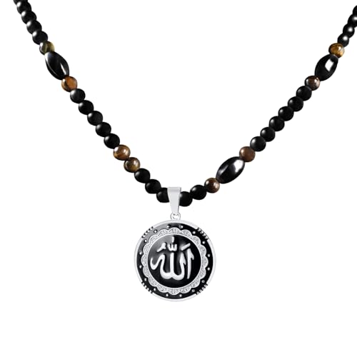 Ankh Cross Pendant Ancient Egyptian Hieroglyphic Symbol of Health and Eternal Life Men Cross Necklace with Tiger Eye Stone Obsidian Hematite Triple Protection Crystal Beads Chain - color: Allah Pendant-Silver