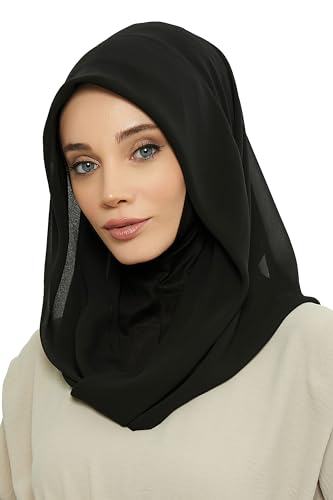 Aisha's Design Pre-tied Cotton-Chiffon Scarf for Women Practical Veil Instant Scarf Hijab Stylish Design - color: Black