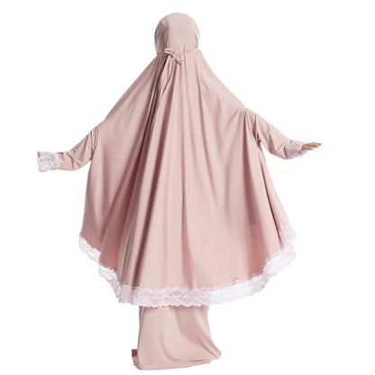 IBTOM CASTLE Little Girls Muslim Prayer Dress Abaya Long Sleeve Full Cover Lace Hijab Kaftan Dubai Islamic Modest Eid Jilbab - color: Pink, size: 9-10 Years