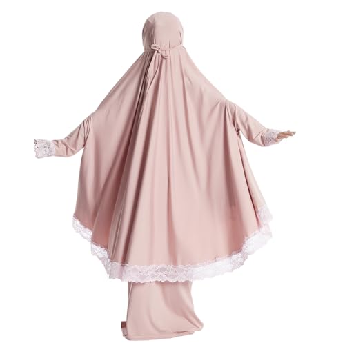 IBTOM CASTLE Little Girls Muslim Prayer Dress Abaya Long Sleeve Full Cover Lace Hijab Kaftan Dubai Islamic Modest Eid Jilbab - color: Pink, size: 11-12 Years