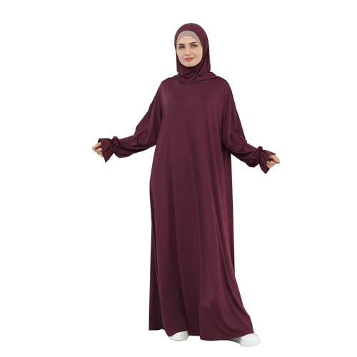 Muslim Hoodie Abaya Islamic Prayer Jilbab Maxi Robe with Inner Cap | Two-layer Cap, Prayer Abaya, Large Style - color: Wine Red