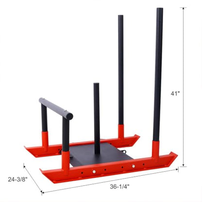 Weight Training Sled, Heavy Duty Steel Push Pull Sled Fitness Speed Strength Training Equipment with Removable Poles and Harness, Adjustable 1" 2" Plate Compatible Workout Sled for Outdoor Training