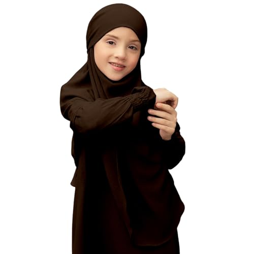 Muslim Clothes for Toddler Girls Long Sleeve Abaya with Hijab Two Piece Kids Prayer Dress Maxi Islamic Scarf Kaftan - color: Brown, size: 3-4 Years