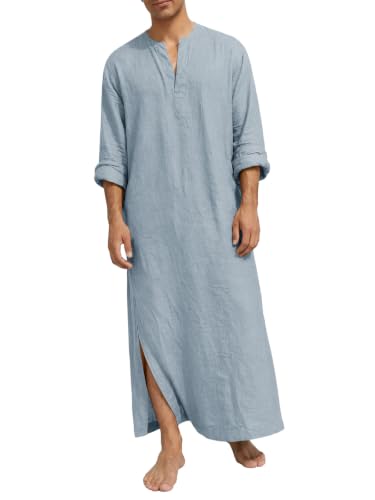 Runcati Mens Kaftan Robe Linen Long Sleeve Thobe Kurta Muslim Gown Shirt - color: Grey, size: Medium