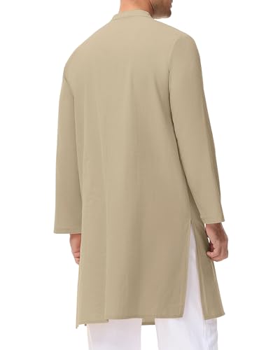 LVCBL Men's Kaftan Robe Long Sleeve Linen Thob Side Split Button Down Thobe Long Tunic Shirts - color: Khaki