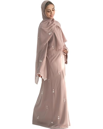 Floral Embroidered Abaya for Women Modest Muslim Open Front Robe with Scalloped Bell Sleeves Islamic Cardigan with Hijab - color: Taro, size: Medium