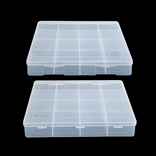 2 Pack Fixed 16 Grids Clear Plastic Large Compartment Container Case, Transparent Organizer Storage Divider Box with Lid for Bead, Button, Hardware, Screw, Sewing Kit, Craft Supplies - size: large 16 grids