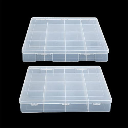 2 Pack Fixed 16 Grids Clear Plastic Large Compartment Container Case, Transparent Organizer Storage Divider Box with Lid for Bead, Button, Hardware, Screw, Sewing Kit, Craft Supplies - size: large 16 grids