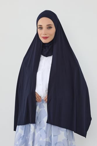 Aisha's Design Neck-Covering Practical Jersey Hijab with Built-In Ninja Bonnet - color: Navy Blue