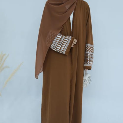 Muslim Dresses for Women Ramadan Kimono Long Sleeve Embroidered Islamic Cardigan Prayer Dress Abaya Kaftan with Belt - color: Coffee, size: X-Large