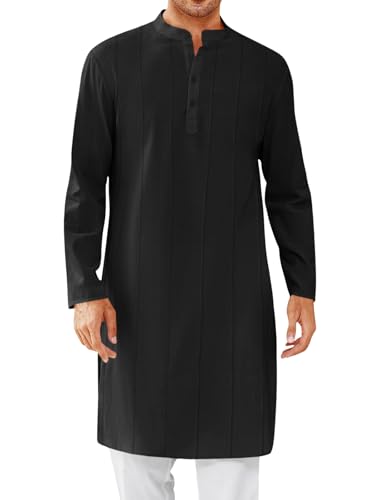 Runcati Mens Kaftan Thobe Button Down Henley Shirts Robe Long Sleeve Casual Cotton Pleated Muslim Gown Shirt - color: Black, size: XX-Large