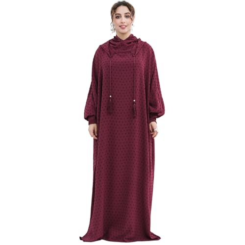 Upgraded Abaya Dress for Women 1PC Hoodie Polka Dot Modest Prayer Robe - color: Wine Red, size: Size 1