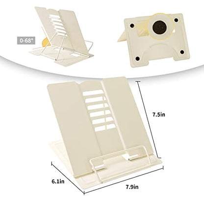 Metal Book Stand Adjustable Book Holder for Reading | Portable & Sturdy For Textbooks Cookbooks Sheet Music Papers Study - color: Full Beige