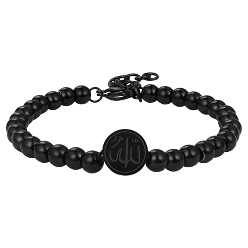 Aroncent Allah Stainless Steel Bracelet: Black Beaded Chain Islamic Jewelry - Ramadan Eid Gift for Men and Women - color: black