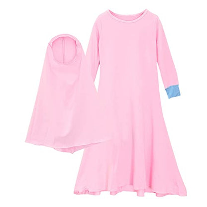 Kids Girls Muslim Prayer Dress Abaya Long Sleeve Full Cover Lace Hijab Kaftan Dubai Ramadan Islamic Jilbab Clothes - color: Pink, size: 5-6 Years
